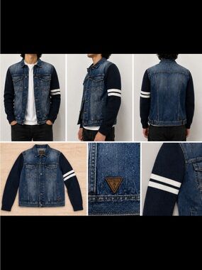 Guess Denim Bomber Jacket with Black Knit Sleeves and White Stripe